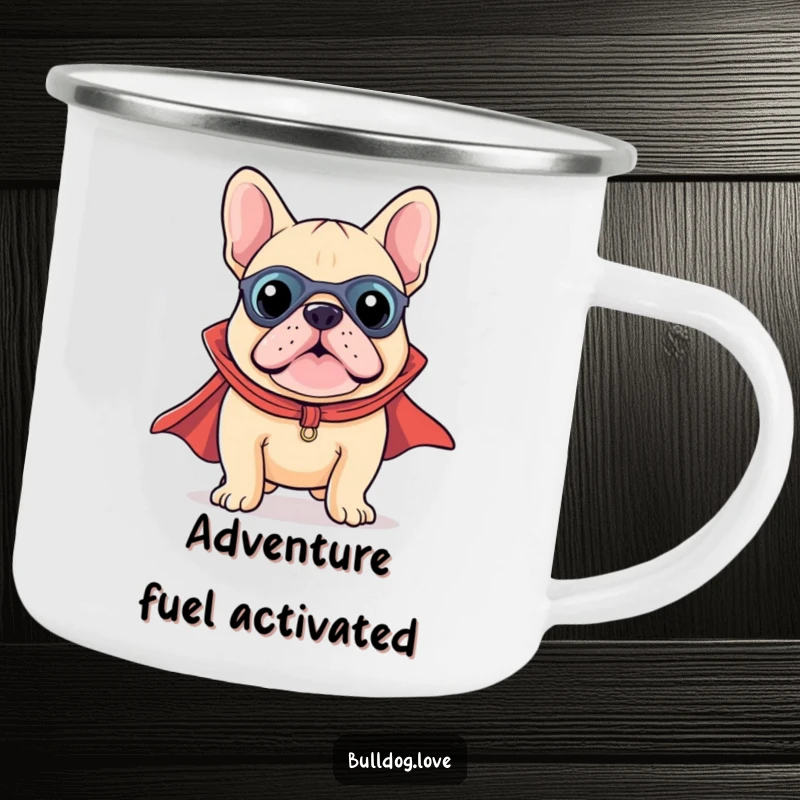 Funny Kawaii Bulldog Superhero Camping Mug featuring a dog in a cape, perfect for hot drinks on outdoor adventures.