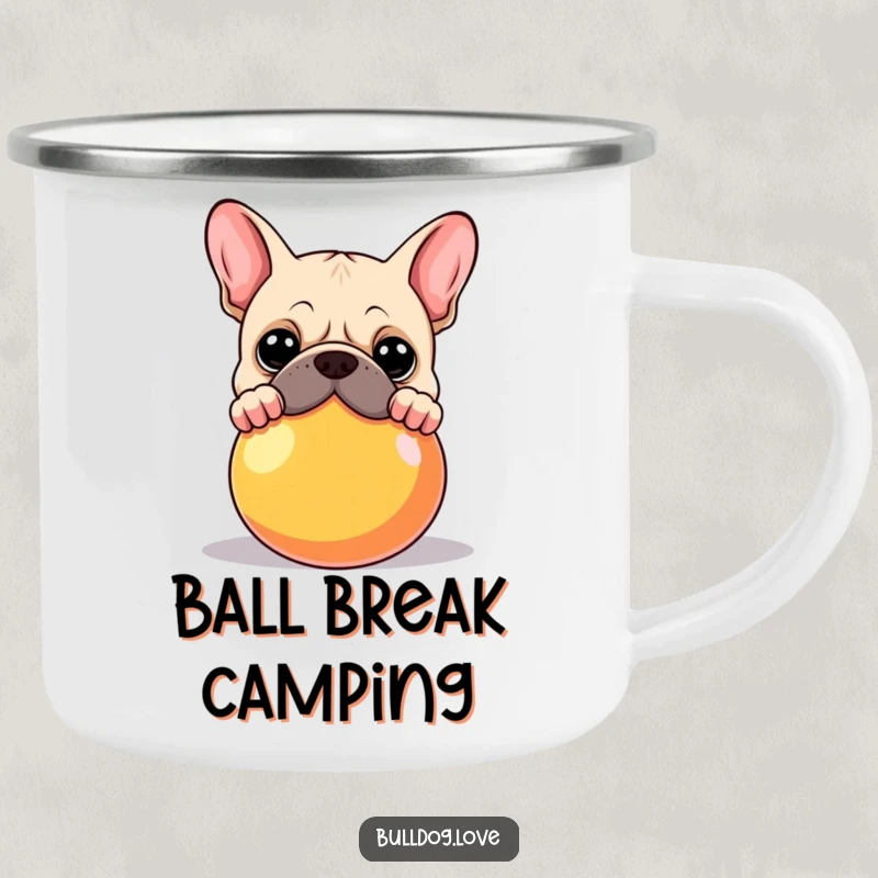 Funny Bulldog Camping Mug: A bulldog peeking over a large, colorful ball, ready for adventures. Durable funny gift.