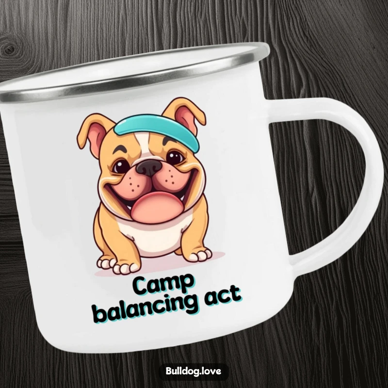 Funny camping mug showcasing a goofy bulldog with a massive grin, balancing a frisbee on its nose, ready for outdoor escapades.