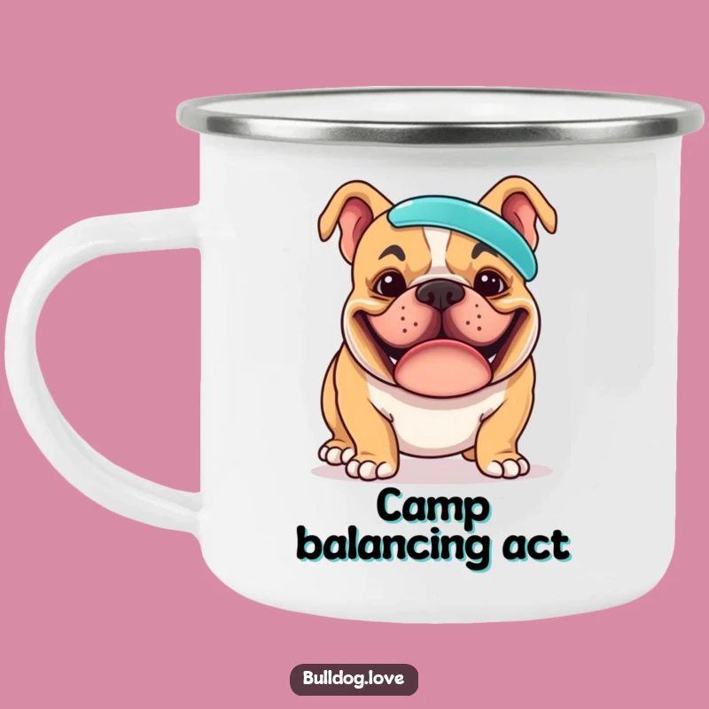 Funny Bulldog Frisbee Camping Mug: Goofy Adventures with Pup's Balancing Act