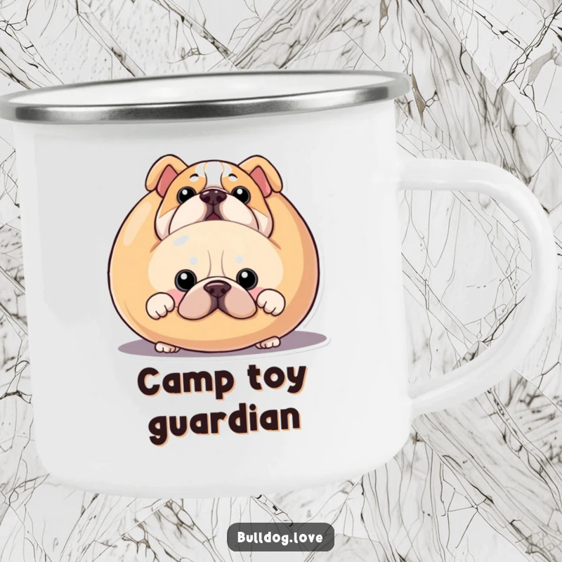 Funny bulldog camping mug, enamel finish, a dog peeking from behind a giant squeaky toy.