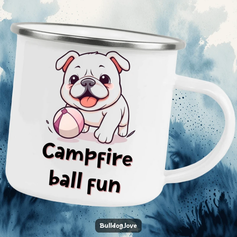 Funny Kawaii Bulldog Camping Mug showing a dog chasing a bouncing ball, perfect for outdoor fun and humor.