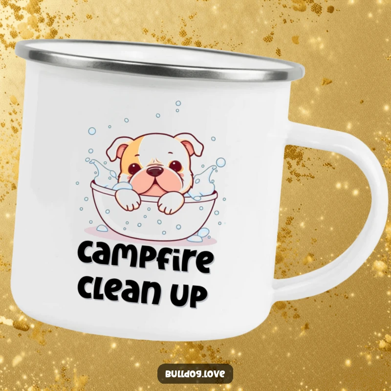 Funny bulldog camping mug, splashing in a bubbly bath, radiating clean fun, perfect for outdoor drinks.