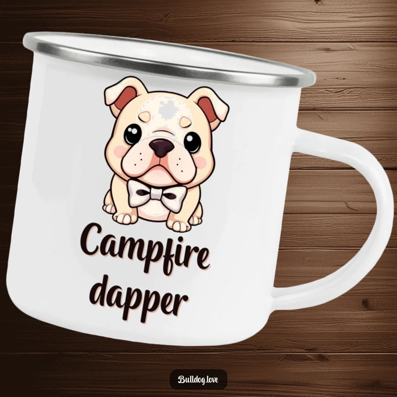Funny camping mug showcasing a bulldog wearing a small bowtie, with a confident smirk, perfect for stylish outdoor enthusiasts.