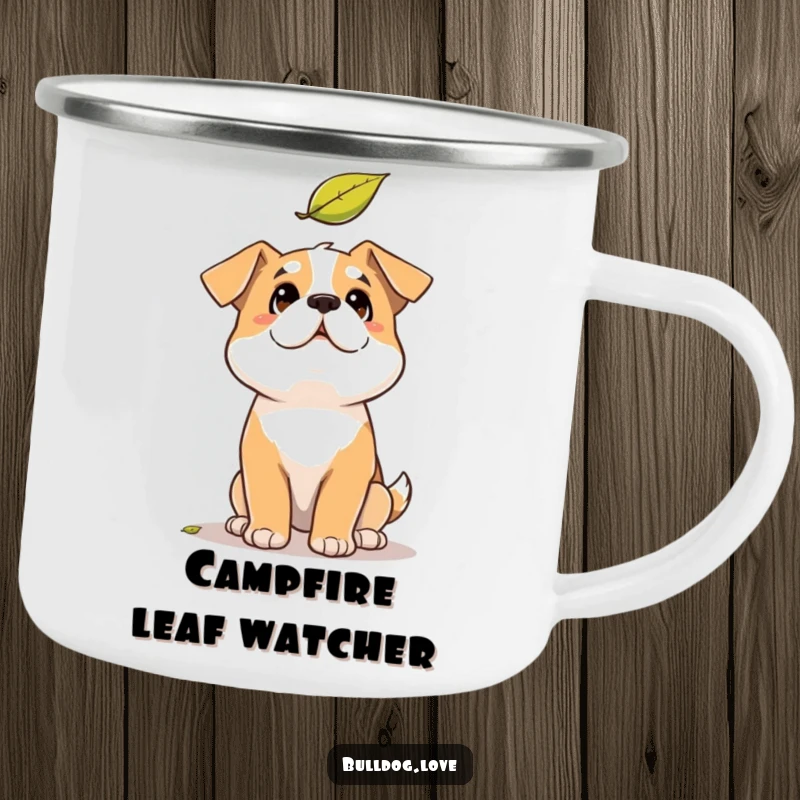 Funny Solid Dog Camping Mug: Solid build dog looking up with comical amusement at a falling leaf in a funny outdoor scene.