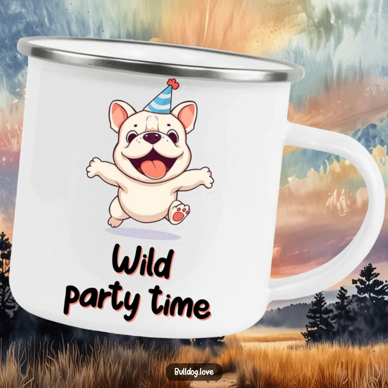 Funny party bulldog camping mug, enamel finish, depicting a jumping dog with a small party hat.