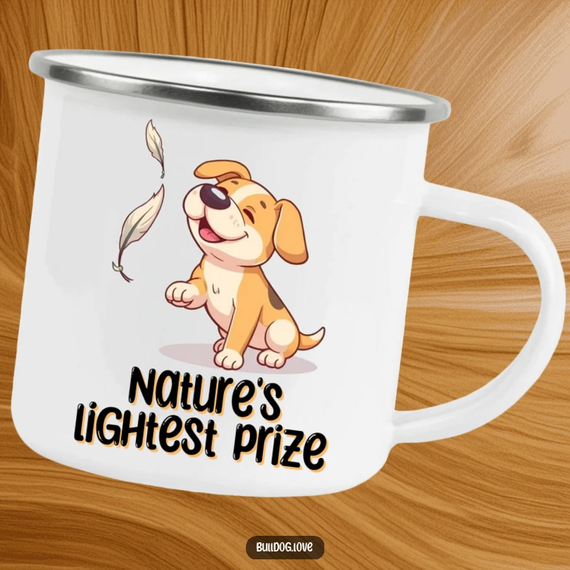 Funny Broad Snout Dog Camping Mug: Dog with a broad snout playfully attempting to catch a feather in a funny outdoor scene.