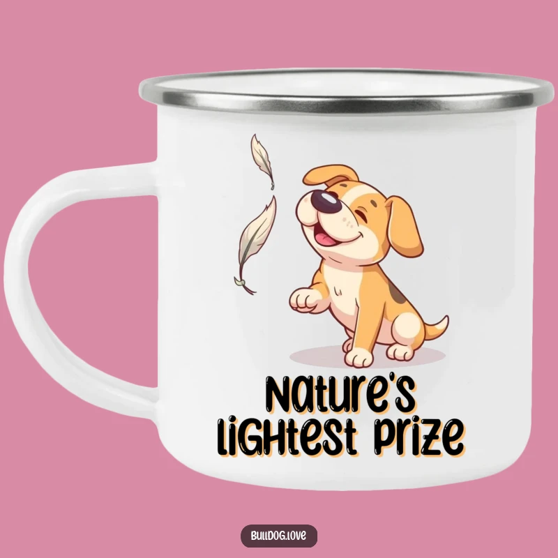 Funny Broad Snout Dog Camping Mug: Feather Catching, Outdoor Serenity Gift