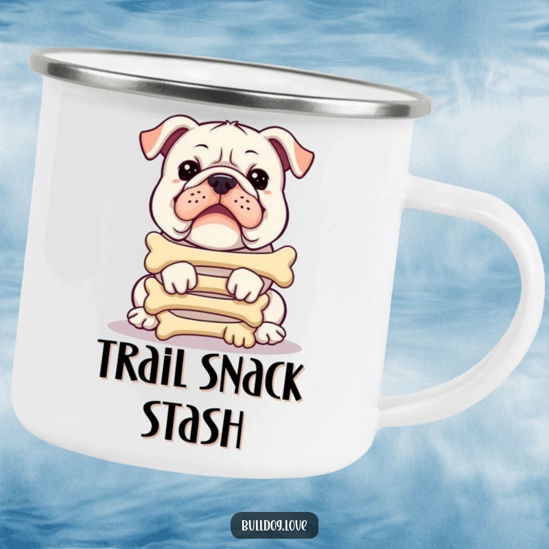 Funny bulldog camping mug, balancing a tower of bones, ready for the great outdoors, adding humor to adventures.