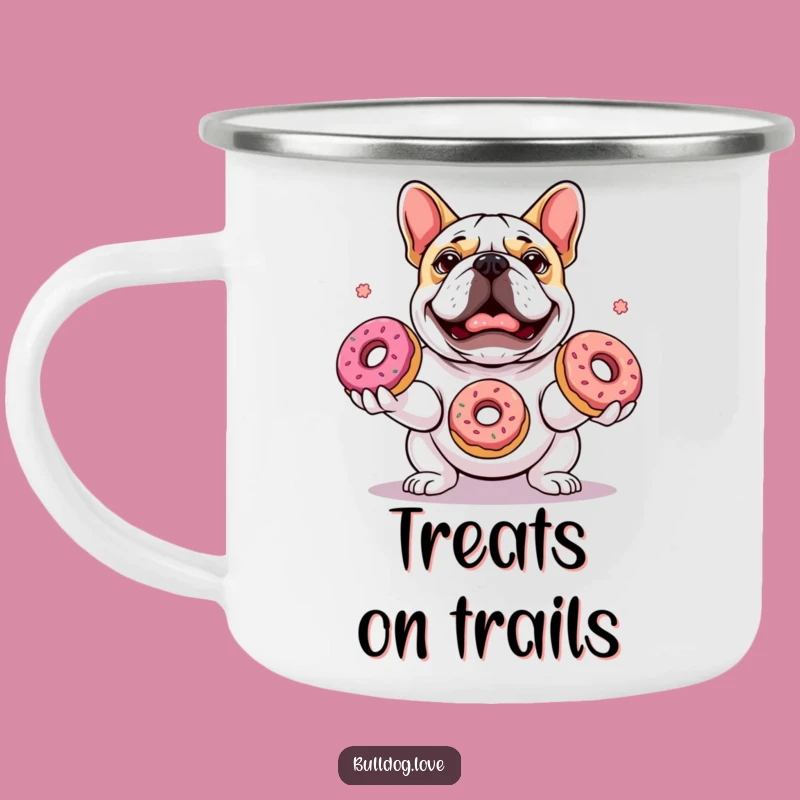 Funny Bulldog Juggling Donuts Camping Mug - Adventure Fuel for Humor Lovers