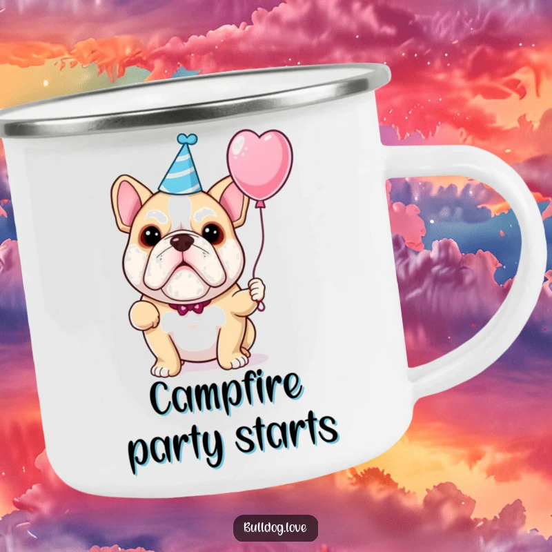 Funny bulldog party camping mug with a dog wearing a party hat and holding a balloon.