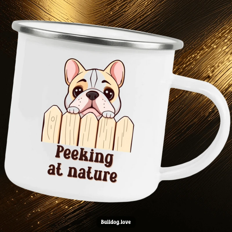 Funny bulldog peeking camping mug showing a dog peeking over a fence with curious eyes.