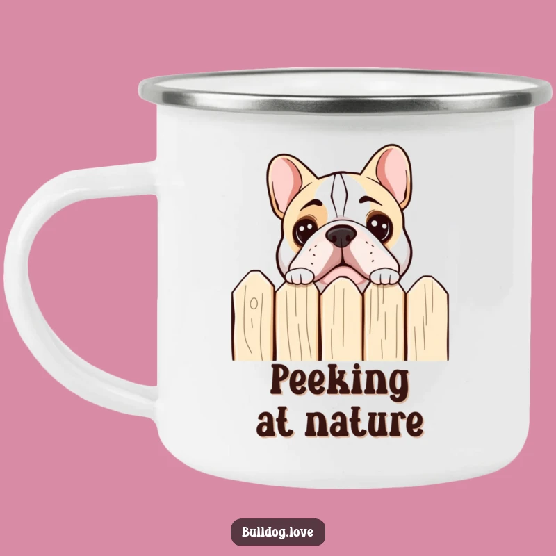 Funny Bulldog Peeking Camping Mug: Curious Dog Outdoors, Perfect Adventure Gift