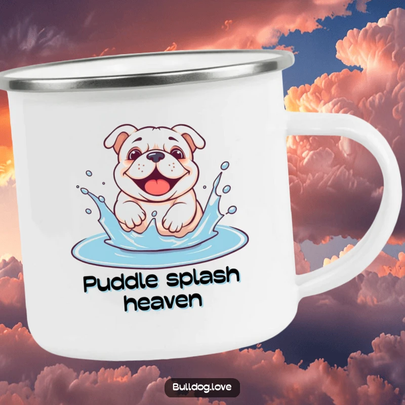 Funny bulldog puddle camping mug showing a dog gleefully splashing with abandon in a puddle.