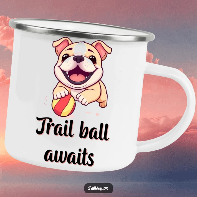Funny bulldog pup camping mug showing a happy dog with a wide grin, ready to chase a bouncy ball outdoors.