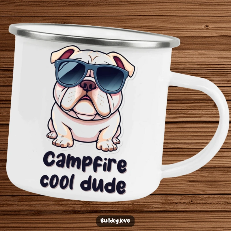 Funny bulldog camping mug with a dog wearing oversized sunglasses, looking cool and ready for any adventure.