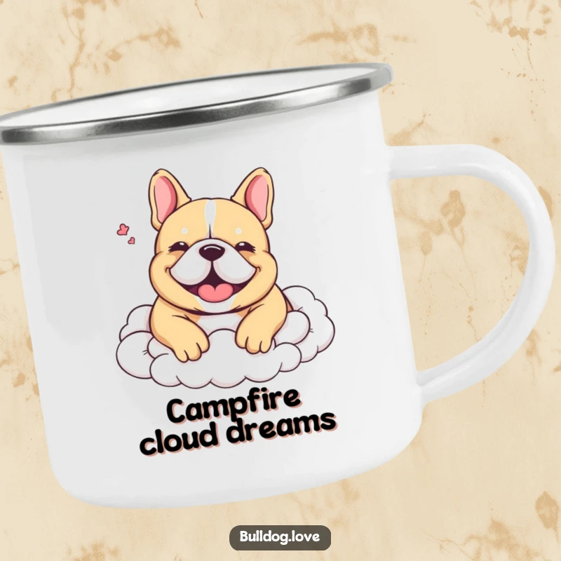Funny Camping Mug: A cute bulldog is depicted comfortably nestled in soft clouds, letting out a happy, contented sigh.