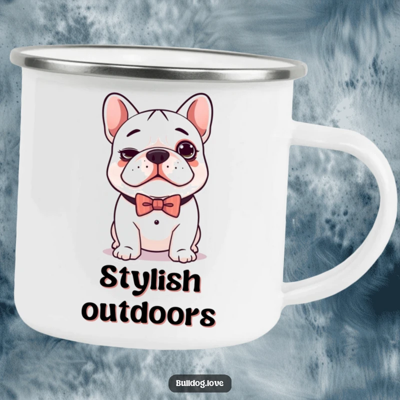 Funny camping mug showing a cute kawaii bulldog with a silly expression and a smart bow tie, perfect for outdoor fun.