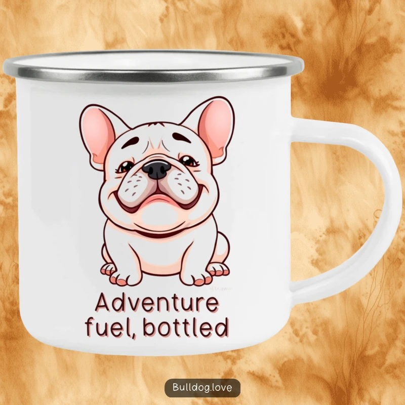 Funny Kawaii bulldog camping mug with a goofy grin and floppy ears bouncing, perfect for enjoying drinks outdoors with a smile.