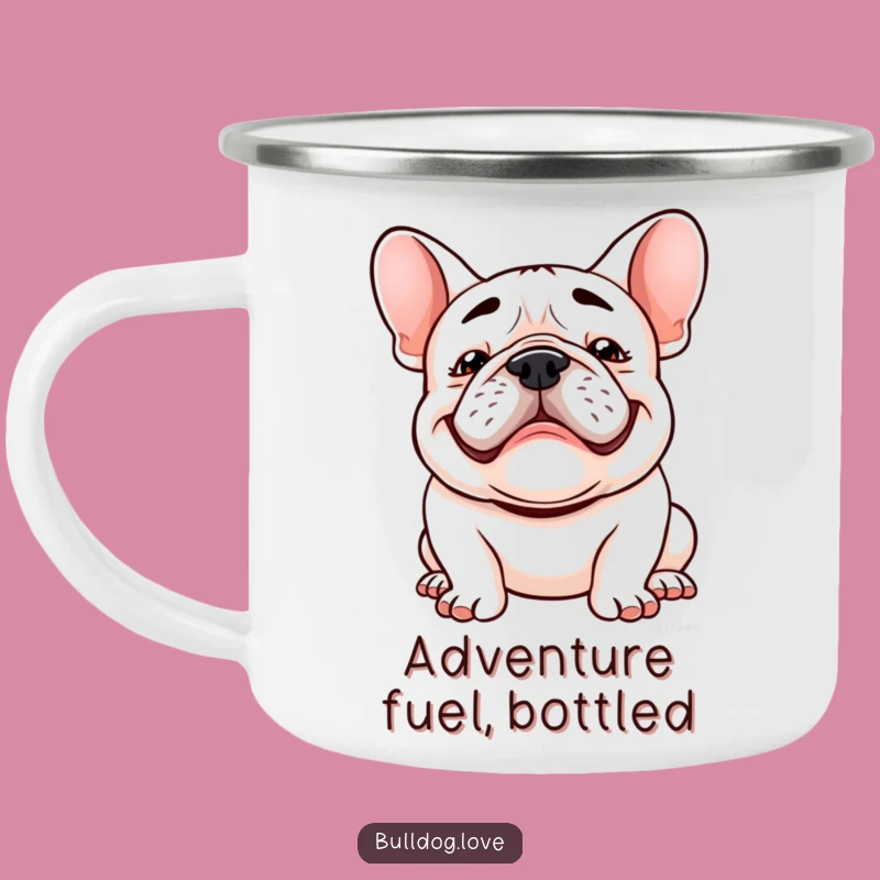 Funny Kawaii Bulldog Camping Mug: Goofy Grin Floppy Ears Adventure Gift
