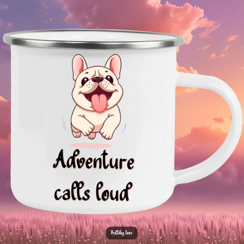 Funny Kawaii Bulldog Camping Mug showing a dog running with its tongue out, perfect for adding energy and humor to outdoor trips.