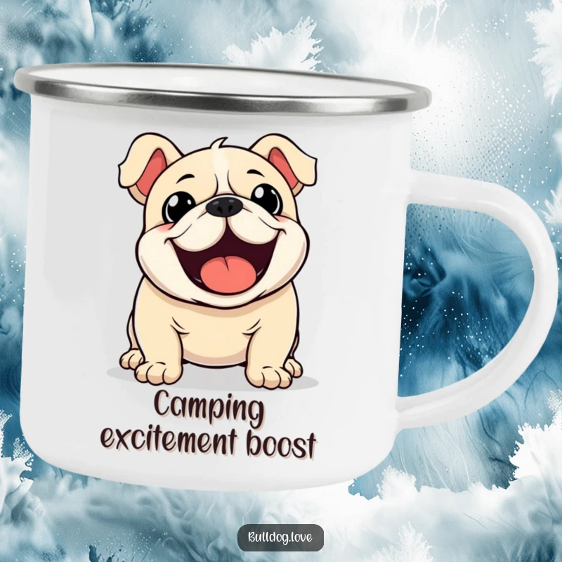 Funny Kawaii Bulldog Camping Mug featuring a dog with a furiously wagging tail, perfect for exciting outdoor moments.