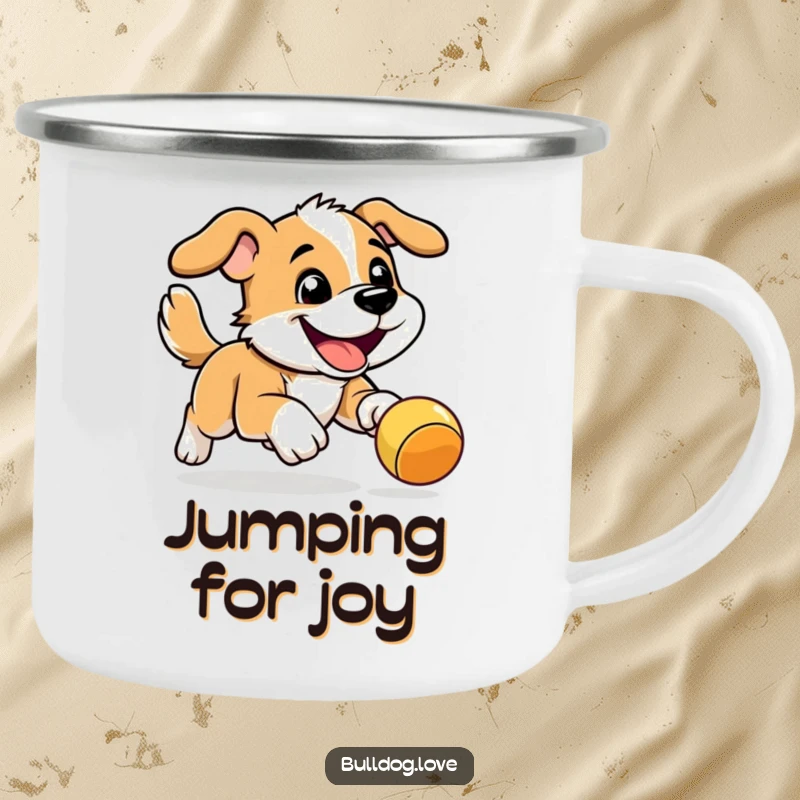 Funny Energetic Dog Camping Mug: Energetic dog with a wide grin, chasing a bouncy toy in a funny outdoor setting.