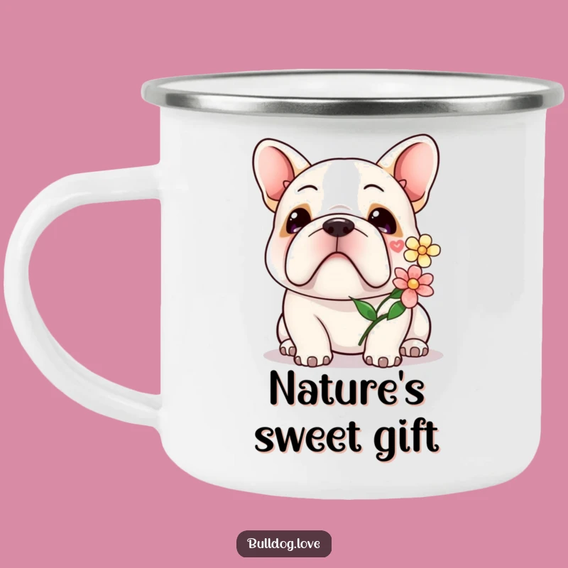 Kawaii Bulldog Flower Camping Mug: Gentle Dog Outdoors, Perfect Sweet Gift