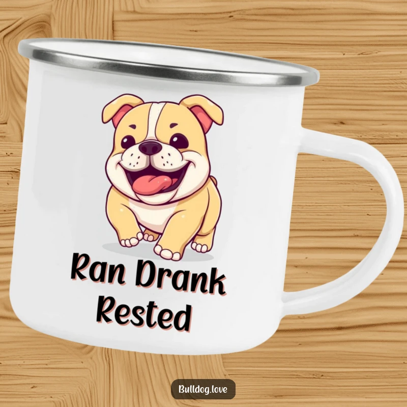 Funny bulldog camping mug depicting a happy dog with jowls panting contentedly, perfect for enjoying drinks outdoors.