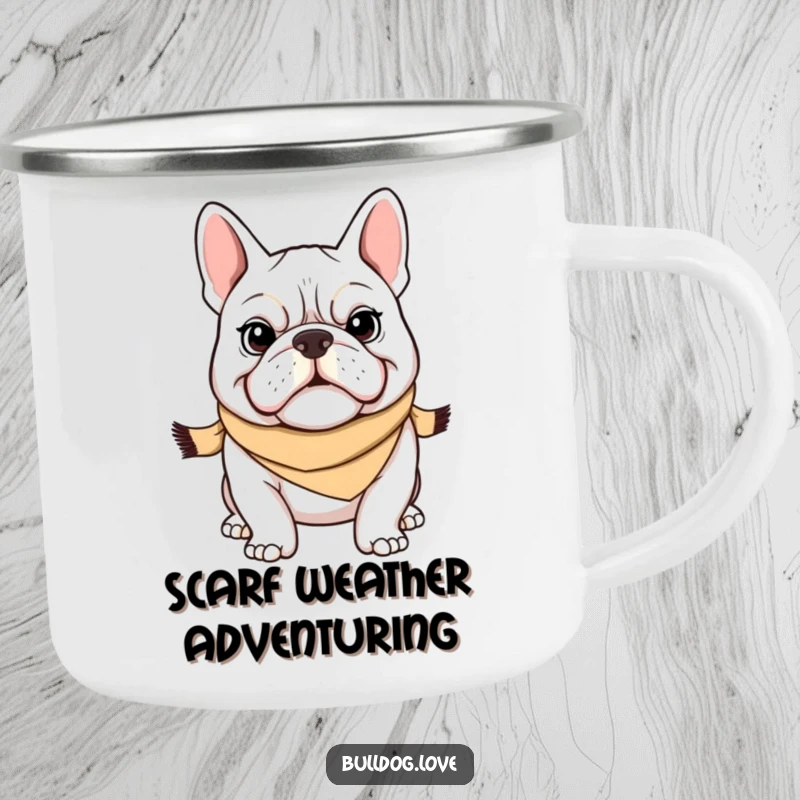 Funny Bulldog Camping Mug: A determined bulldog in a scarf, ready for the outdoors. Durable and humorous funny gift for campers.