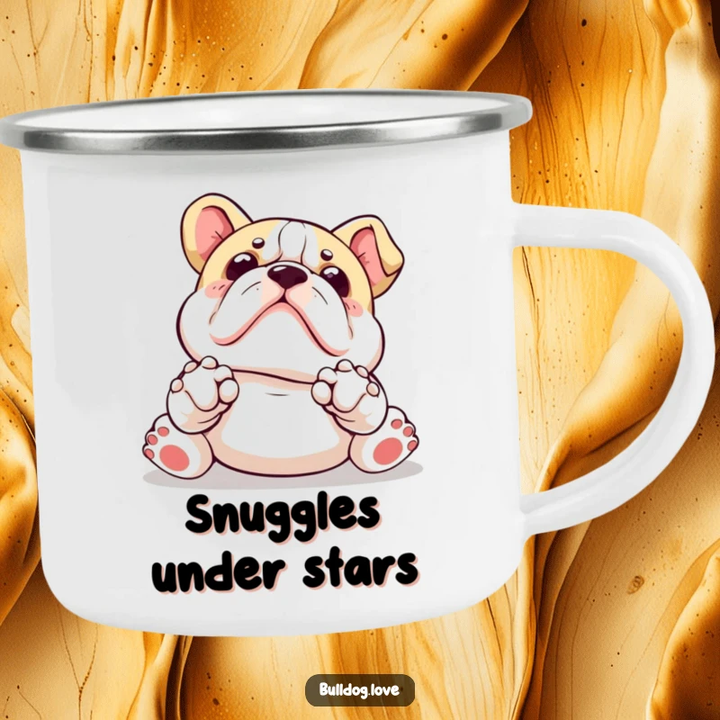 Funny Kawaii bulldog camping mug with paws up, adorably asking for a belly rub, perfect for enjoying drinks outdoors.