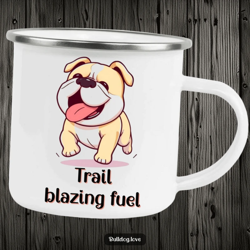 Funny Kawaii bulldog camping mug featuring a dog running with its tongue out, perfect for enjoying beverages during outdoor adventures.