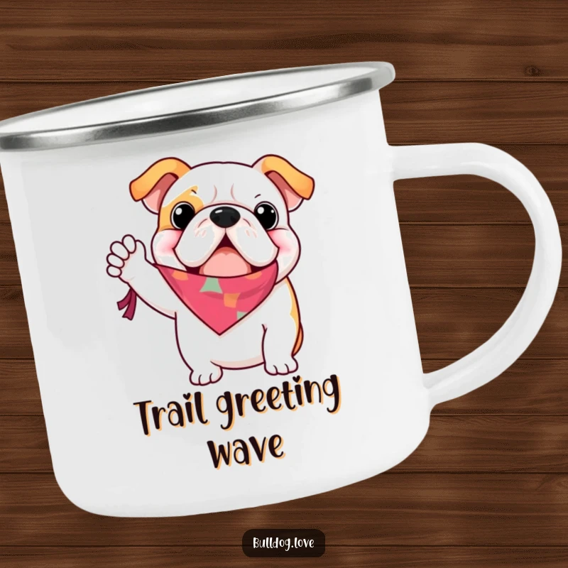 Funny bulldog camping mug, waving a bandana enthusiastically, radiating friendly vibes, perfect for outdoor drinks.