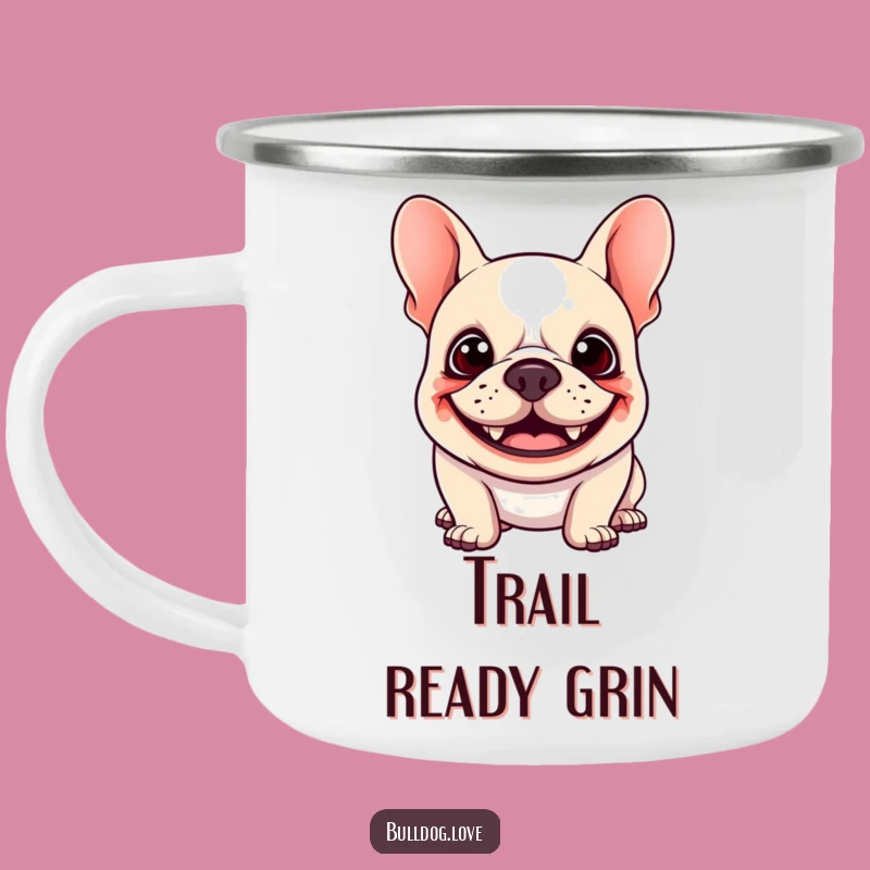 Funny Kawaii Bulldog Camping Mug - Goofy Grin Floppy Ears, Outdoor Hilarious Gift