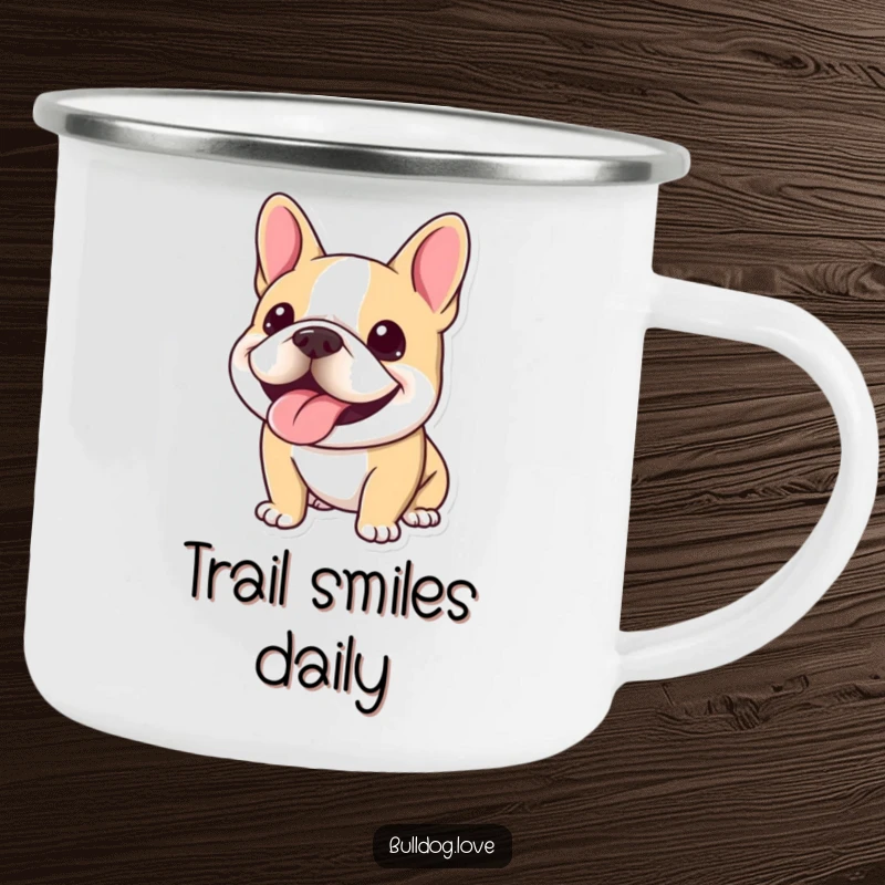 Funny Kawaii Bulldog Camping Mug with a happy panting smile, ideal for cheerful outdoor moments.