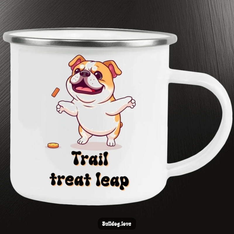 Funny Bulldog Camping Mug: An enthusiastic bulldog mid-jump for a treat, ready for any adventure. Durable funny gift.