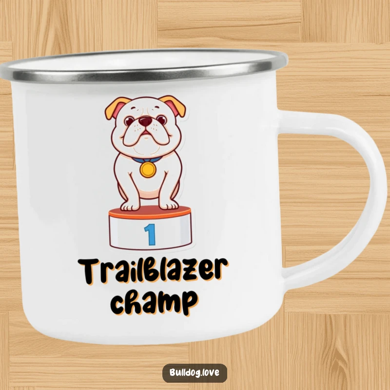 Funny camping mug featuring a proud bulldog with a medal, standing on a podium, ready for any outdoor adventure with humor.