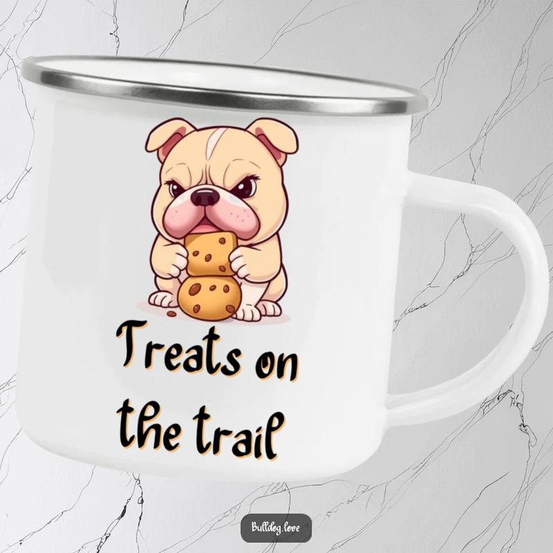 Funny bulldog camping mug depicting a determinedly focused dog balancing a treat, perfect for outdoor enthusiasts.