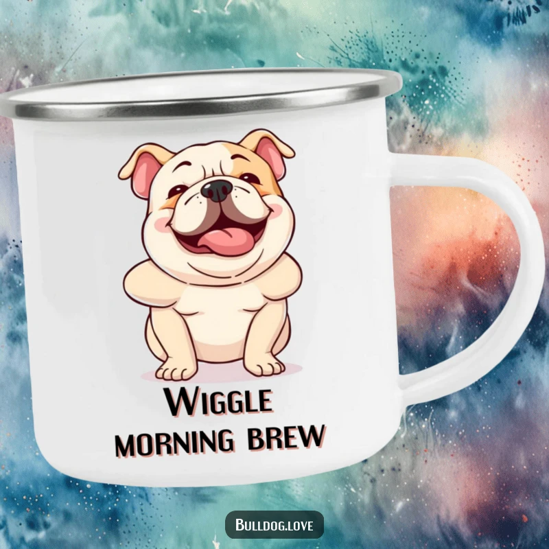 Funny bulldog camping mug with a dog wiggling its body in hilarious excitement, perfect for outdoor enthusiasts.