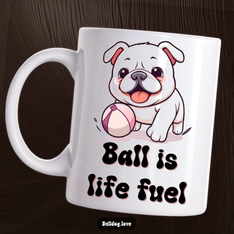 Funny Kawaii Bulldog Mug featuring a happy dog joyfully chasing a bouncing ball, depicting pure playful energy and fun.