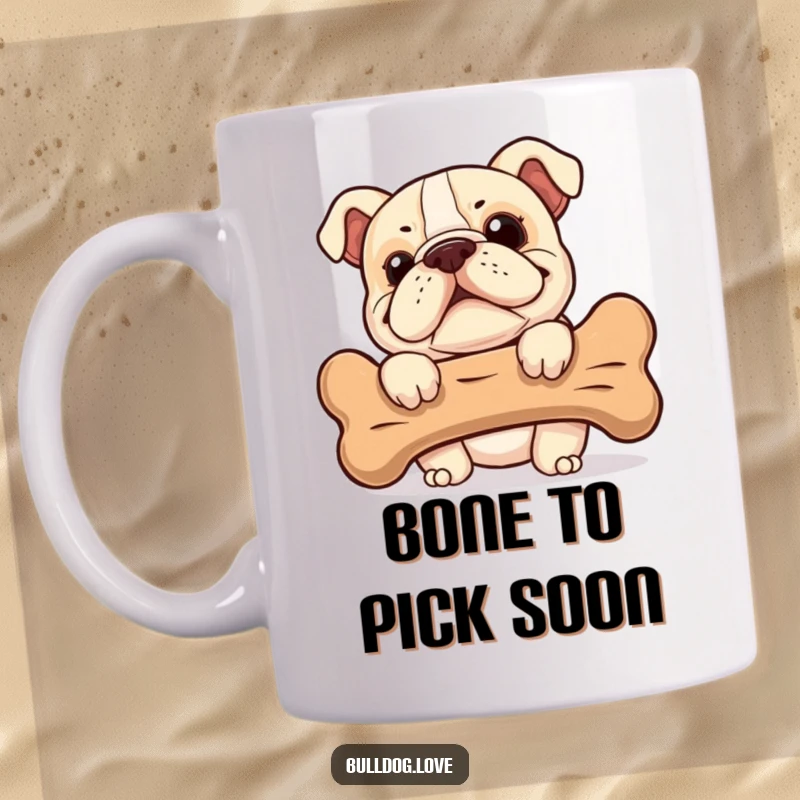 Funny Bulldog Mug: A cheeky bulldog with a huge grin peeks from behind a giant bone, ready for a laugh.