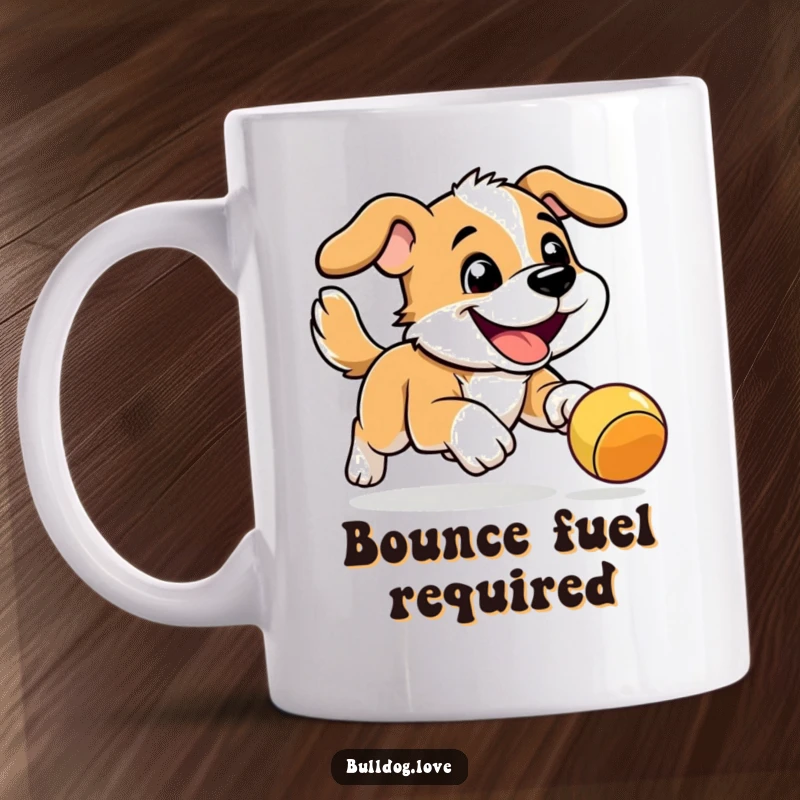 Funny Energetic Dog Mug: Dog with a determined grin leaping energetically after a bright, bouncy toy.