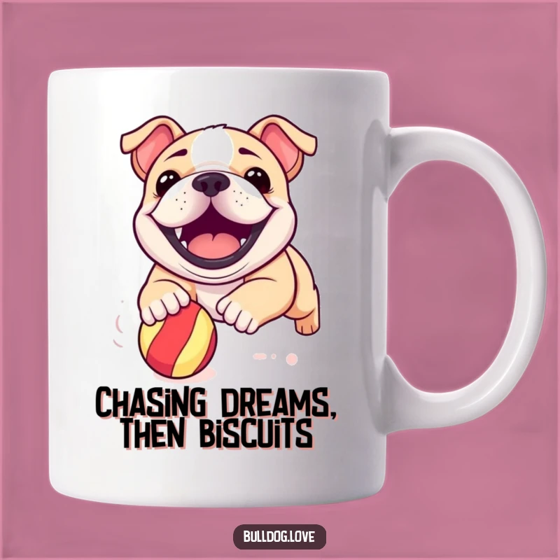 Funny Bulldog Pup Mug: Grinning Dog Chasing Ball, Perfect Joyful Gift