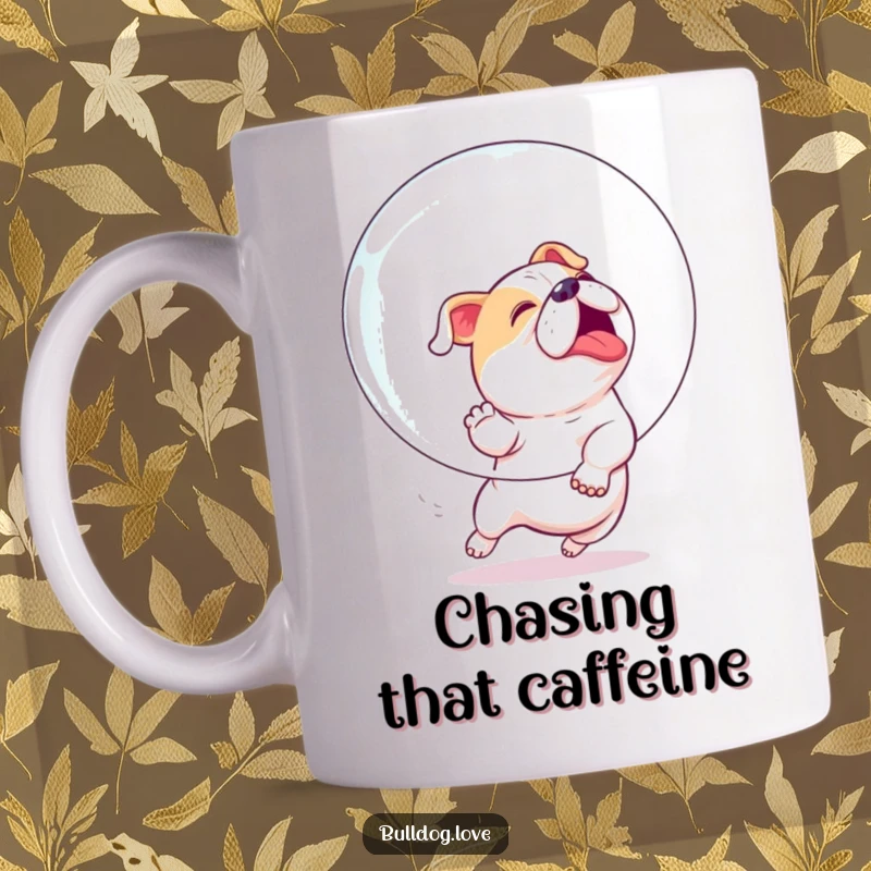 Funny mug featuring an enthusiastic bulldog playfully chasing a giant, iridescent bubble with sheer delight.