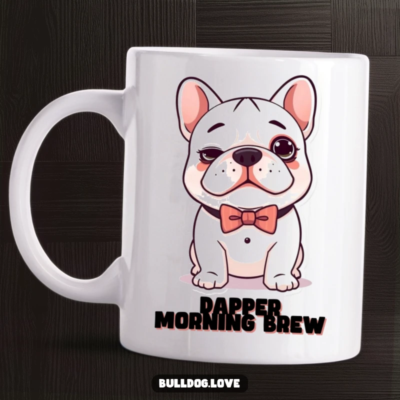 Funny mug featuring an adorable kawaii bulldog with a silly, wide-eyed expression, sporting a smart blue bow tie.