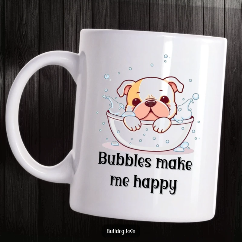 Funny bulldog mug, gleefully splashing in a tub full of bubbles, looking utterly delighted, perfect for bath enthusiasts.