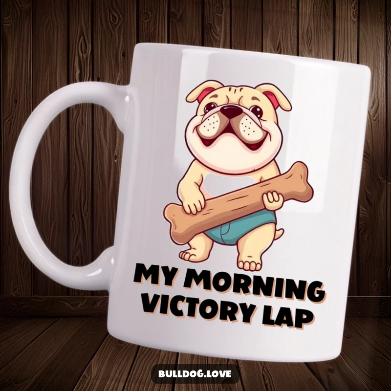 Funny mug featuring a bulldog with a happy pant, proudly holding a giant chewed bone, embodying pure canine bliss and a love for chew toys.