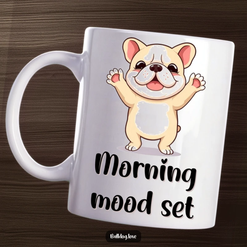 Funny mug featuring a joyful bulldog doing a happy little dance with its paws joyfully raised in the air.