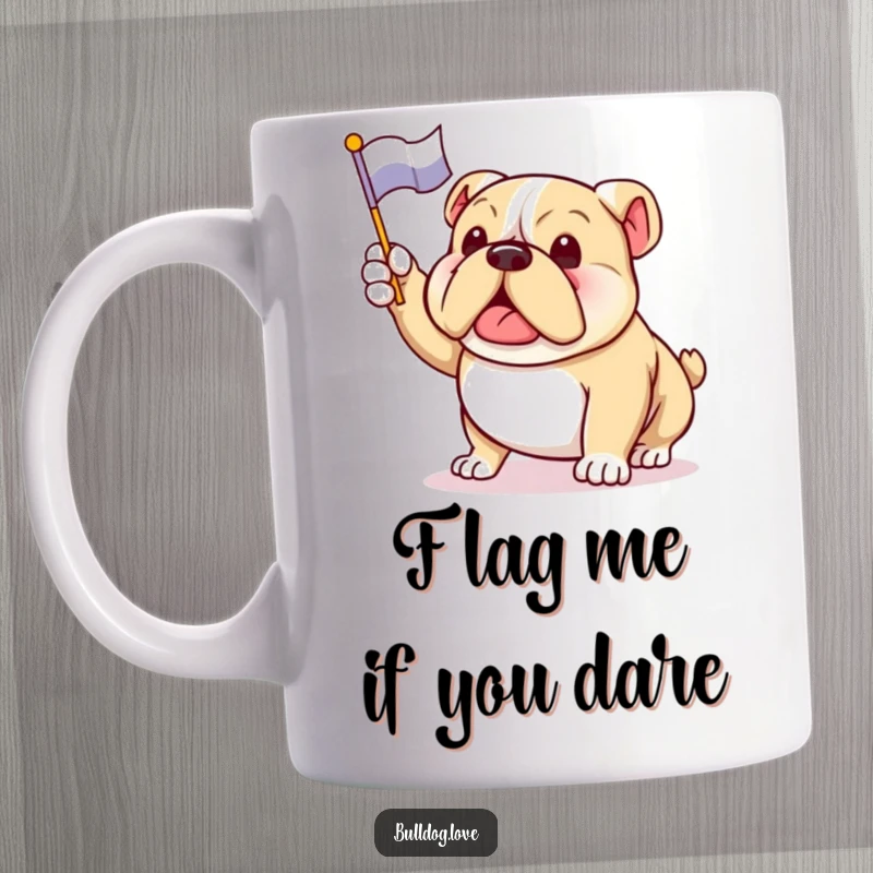 Funny bulldog mug featuring an excited dog enthusiastically waving a small flag with a happy, wagging tail.