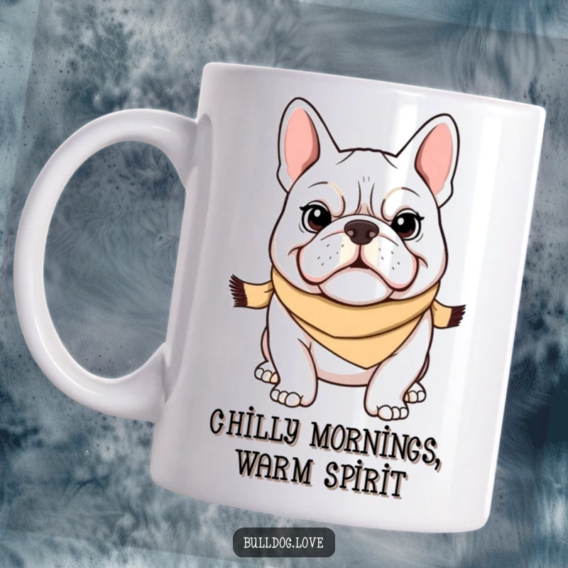 Funny Bulldog Mug: A determined bulldog sporting a tiny scarf, with a confident grin, ready to conquer any morning. Ideal funny gift.